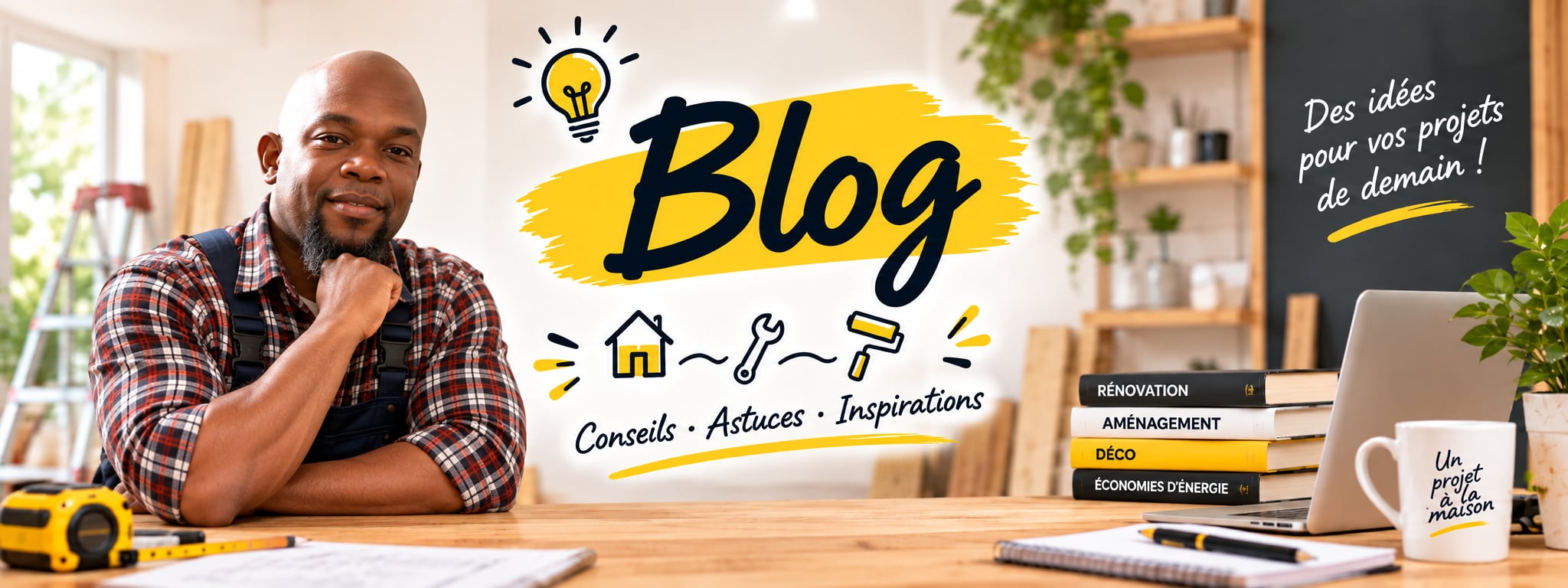 Blog : conseils, astuces, inspirations. Des idées pour vos projets de demain. Un artisan souriant en salopette, le menton sur la main, accoudé à un établi avec des livres sur la rénovation et un carnet.