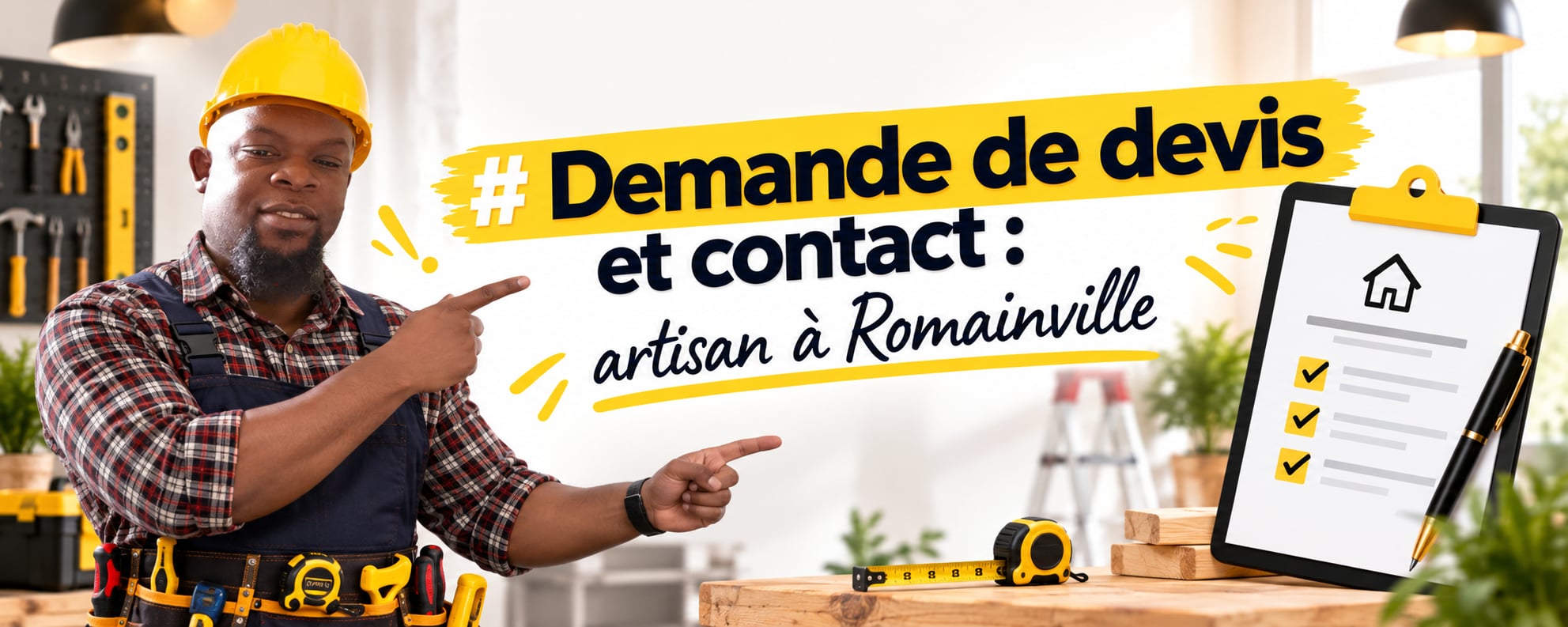 Demande de devis et contact : artisan à Romainville. Un artisan souriant en casque jaune pointe du doigt un bloc-notes avec une liste cochée.