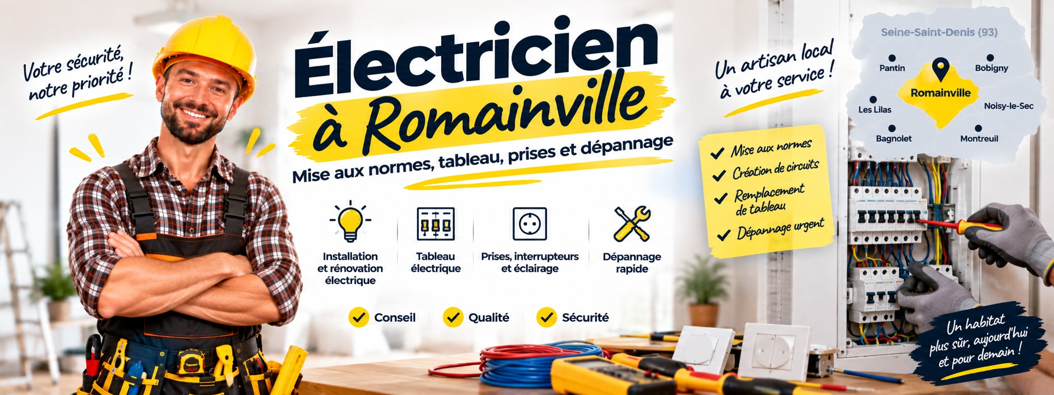 Électricien à Romainville : mise aux normes, tableau, prises et dépannage. Mur avec gaines électriques neuves alignées, boîtiers d’encastrement et tableau neuf.