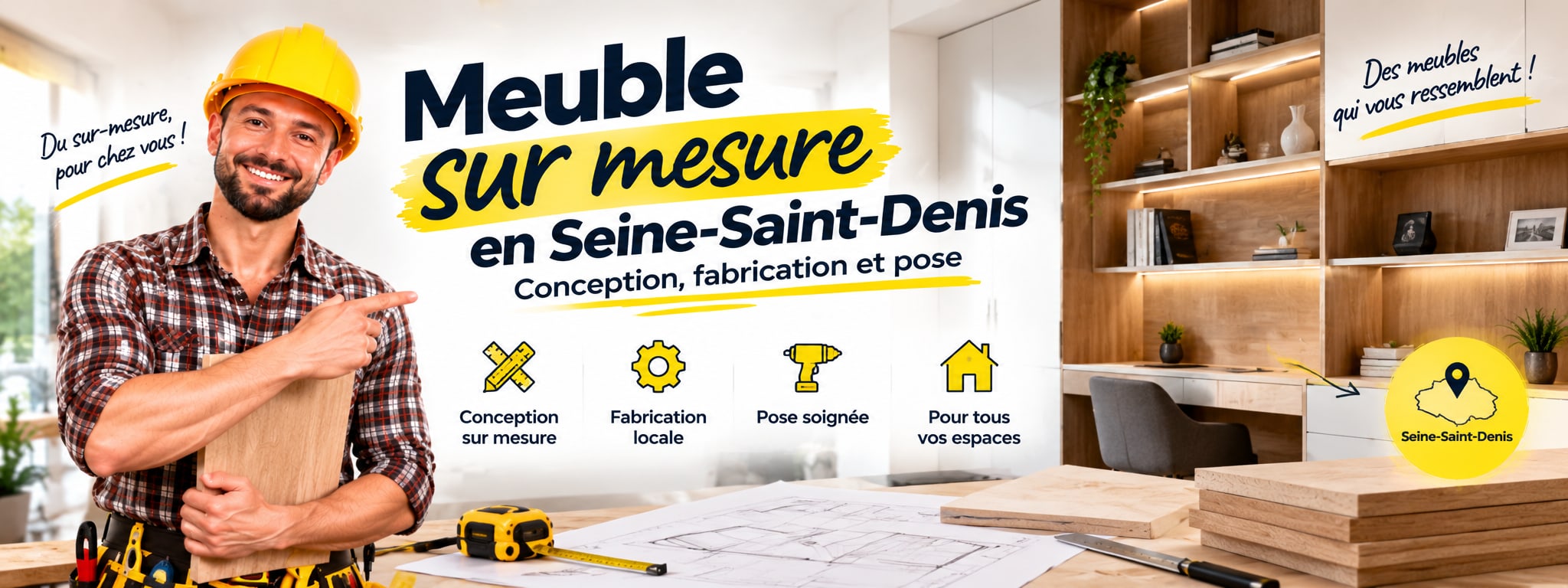Meuble sur mesure en Seine-Saint-Denis : conception, fabrication et pose. Meuble TV sur mesure blanc et chêne sur toute la largeur d’un salon, étagères rétroéclairées.