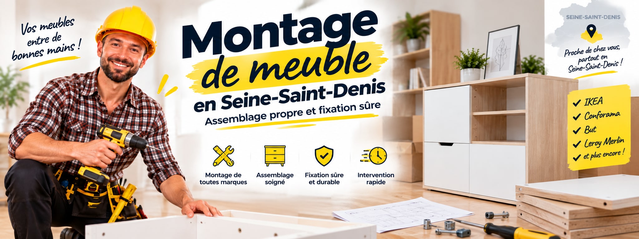 Montage de meuble en Seine-Saint-Denis : assemblage propre et fixation sûre. Armoire blanche en kit montée et fixée au mur d’une chambre, miroir central et tiroirs.