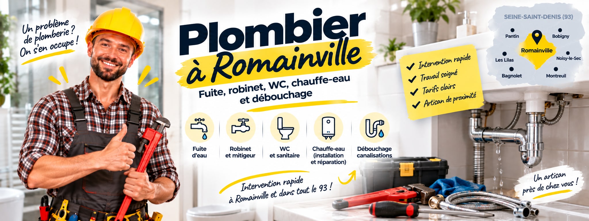 Plombier à Romainville : fuite, robinet, WC, chauffe-eau et débouchage. Dessous d’évier remis en état avec évacuations et siphon neufs.