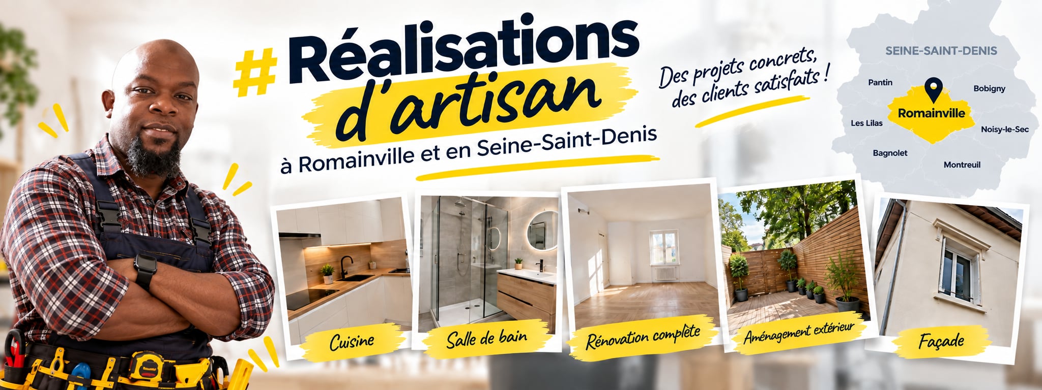 Réalisations d’artisan à Romainville et en Seine-Saint-Denis : cuisine, salle de bain, rénovation complète, aménagement extérieur, façade. Un artisan souriant en salopette, bras croisés, et une carte de la Seine-Saint-Denis centrée sur Romainville.