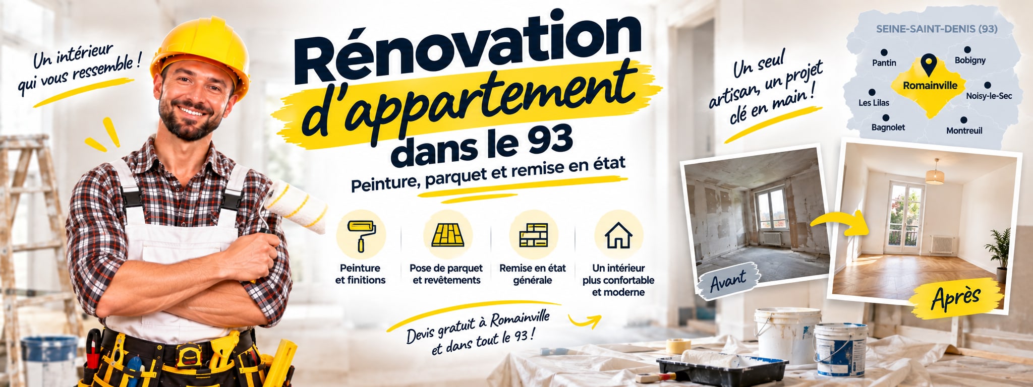 Rénovation d’appartement dans le 93 : peinture, parquet et remise en état. Séjour rénové avec mur vert sauge, plafond à spots et parquet neuf.