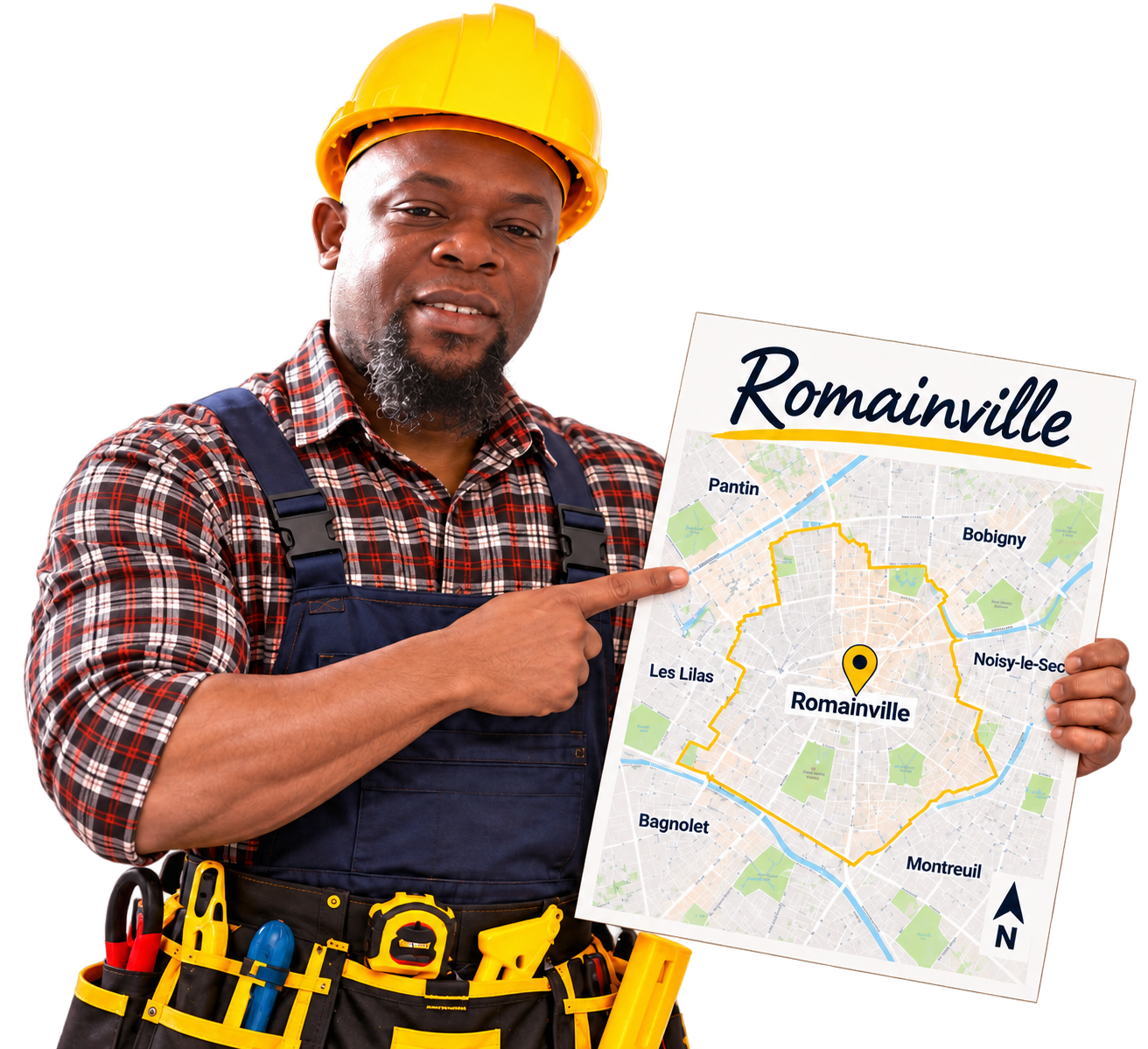 Artisan souriant en casque jaune montrant du doigt une carte de Romainville et des villes voisines : Pantin, Bobigny, Les Lilas, Noisy-le-Sec, Bagnolet, Montreuil