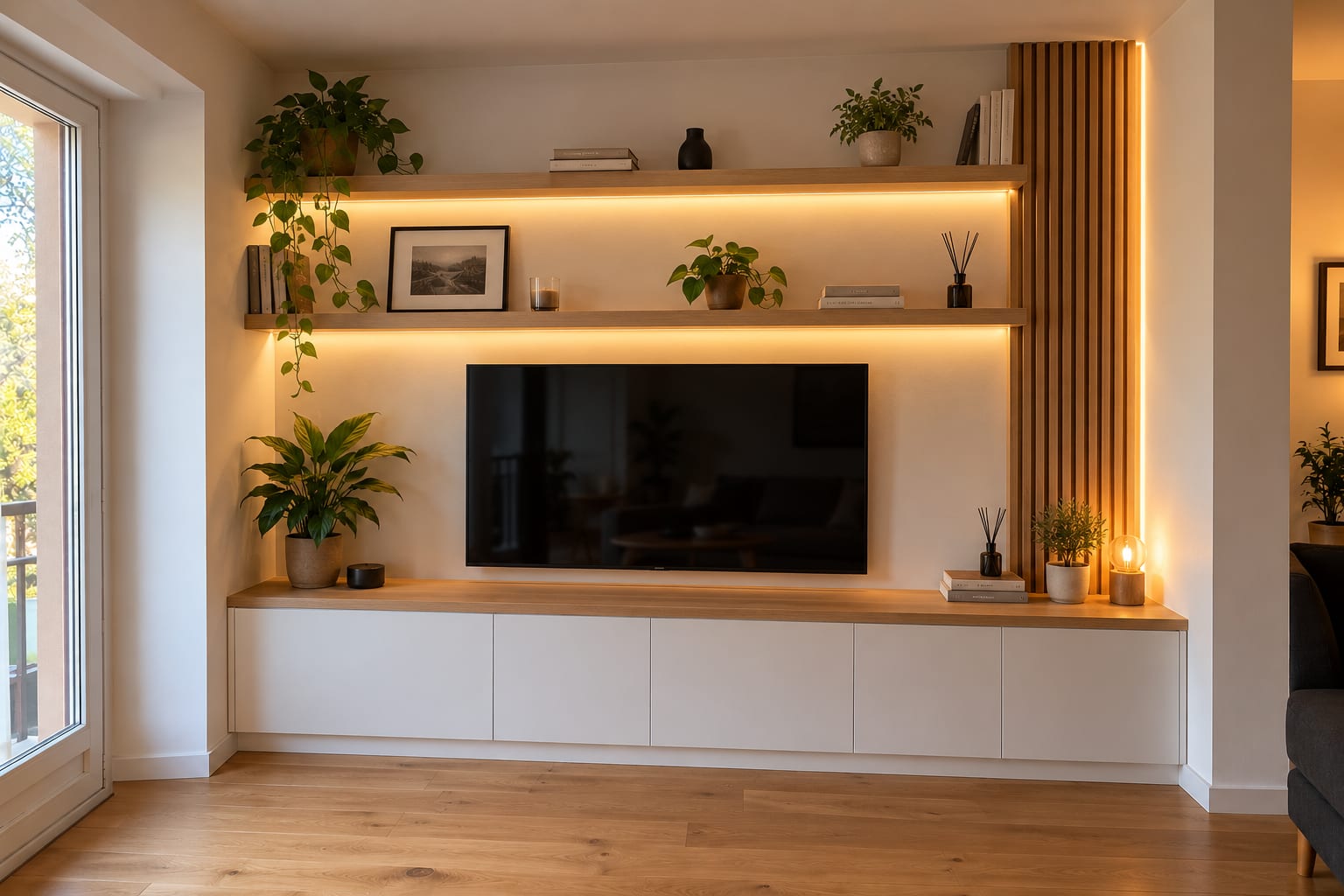 Meuble TV sur mesure blanc et chêne occupant toute la largeur du mur, étagères rétroéclairées, écran intégré au centre et plantes