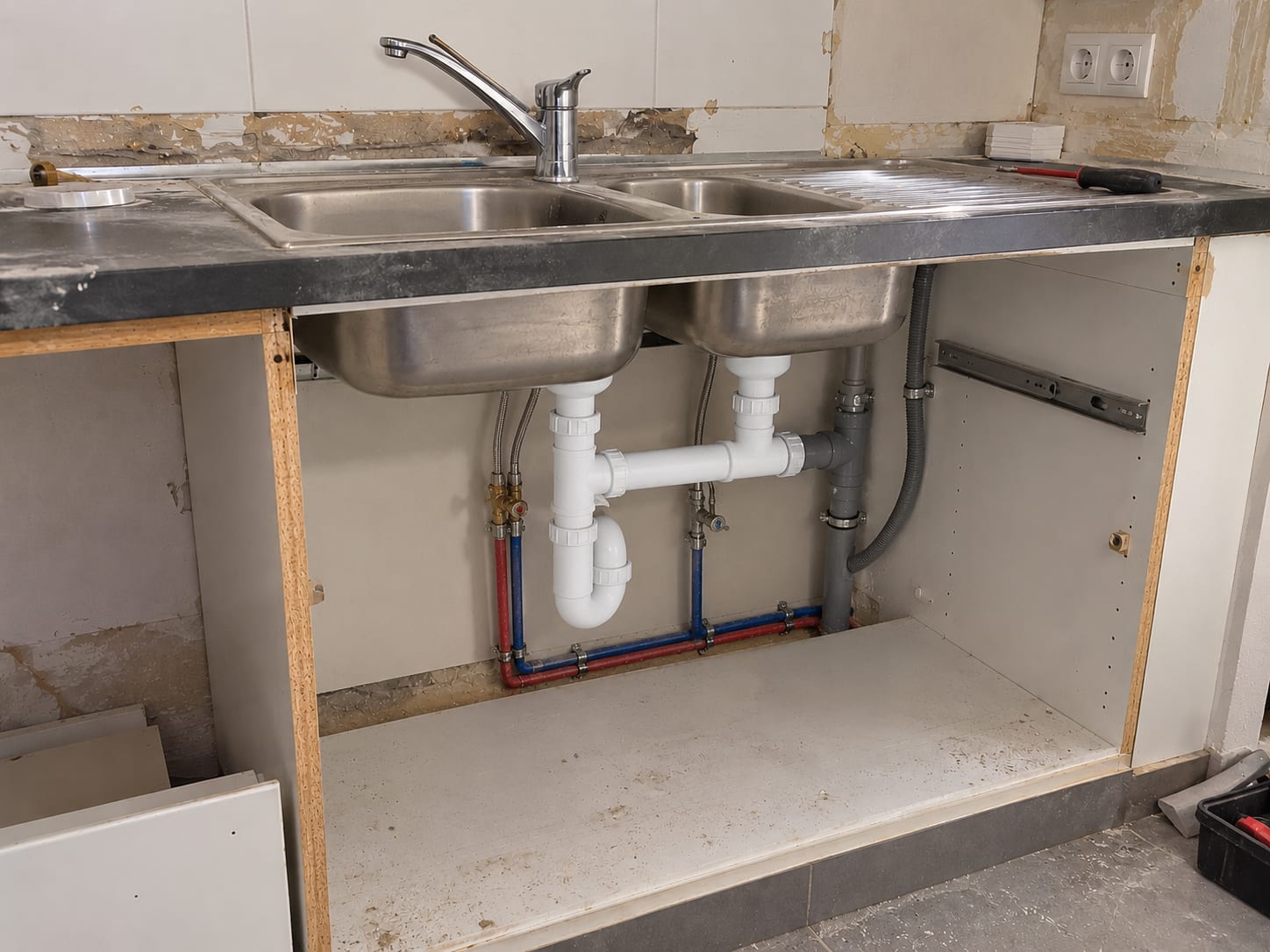 Dessous d’évier remis en état : évacuations et siphon neufs en PVC blanc, arrivées d’eau repérées rouge et bleu, meuble propre