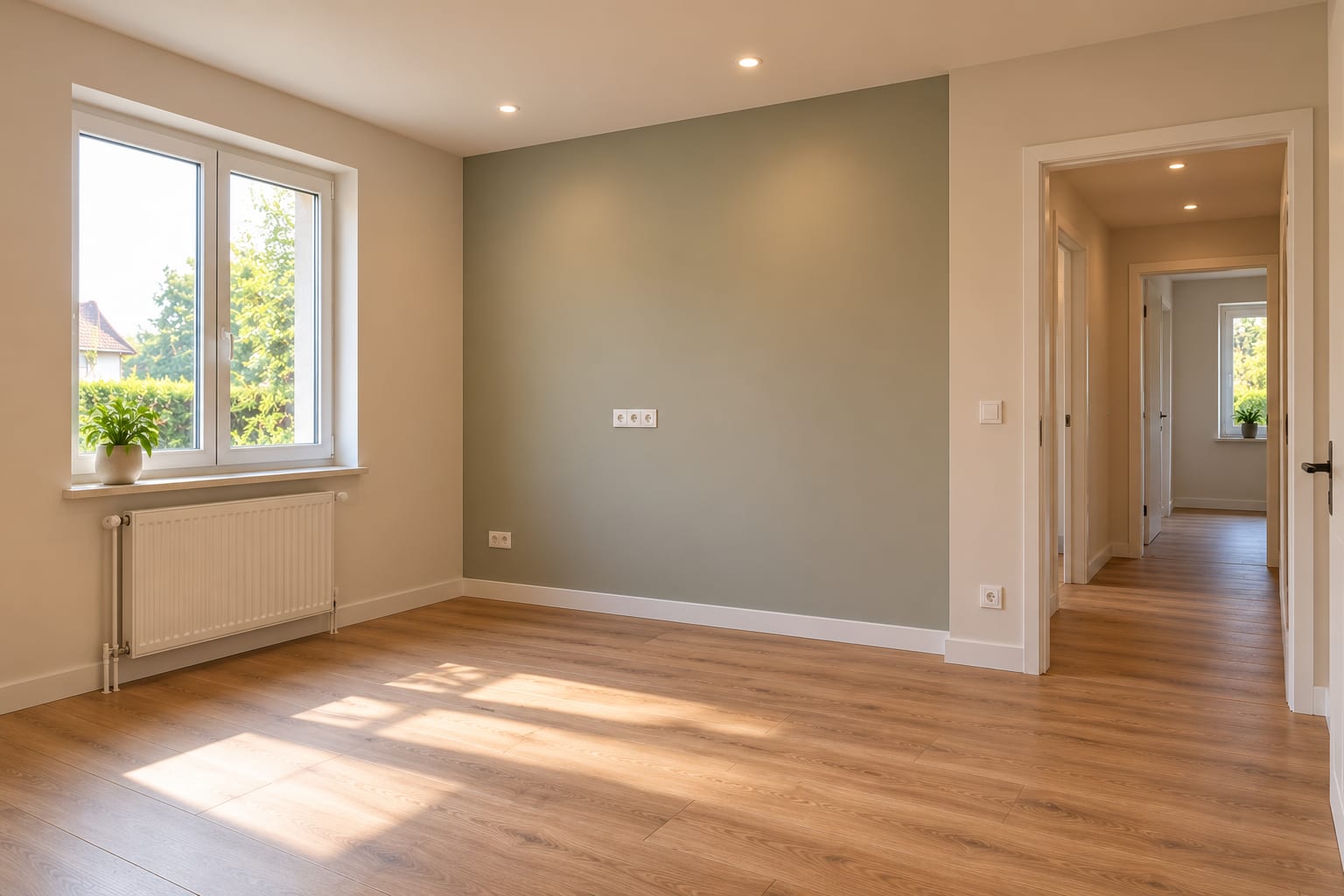 Même pièce rénovée : mur vert sauge, plafond lisse avec spots encastrés, parquet neuf et portes blanches
