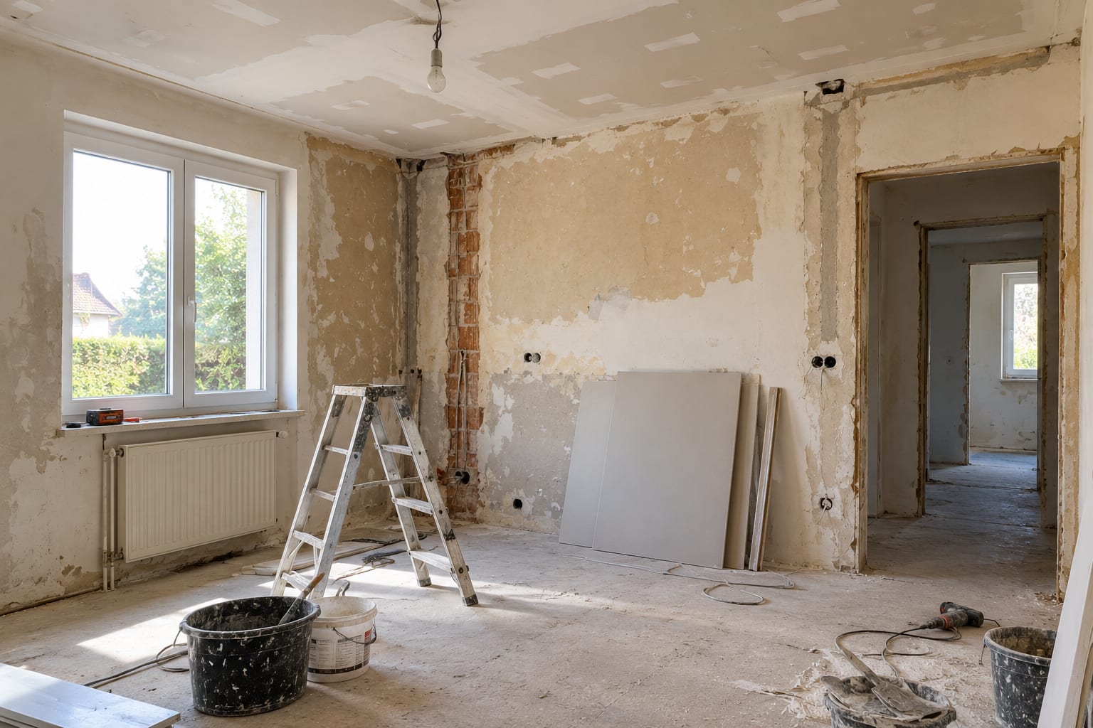 Pièce principale en chantier : murs décroûtés, saignées ouvertes, escabeau, plaques de plâtre et seaux au sol
