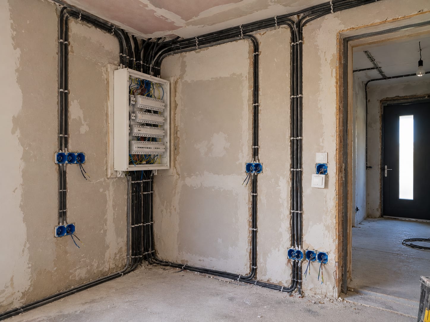 Même mur avec gaines neuves alignées dans des saignées, boîtiers d’encastrement bleus posés et tableau électrique neuf
