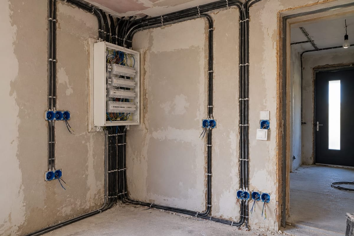 Mur avec gaines électriques neuves alignées, boîtiers d’encastrement et tableau neuf